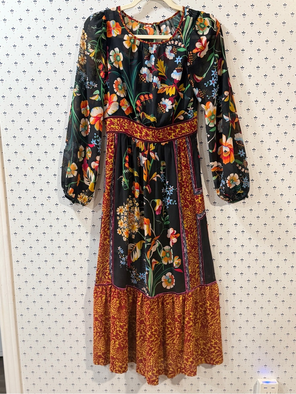 Anthropologie Adair Velvet-Trimmed Boho Floral Midi Dress - Size 0